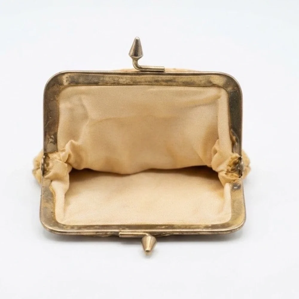 Vintage Gold Floral Brocade Kiss Lock Coin Purse Small Jewelry Pouch Brass Clasp